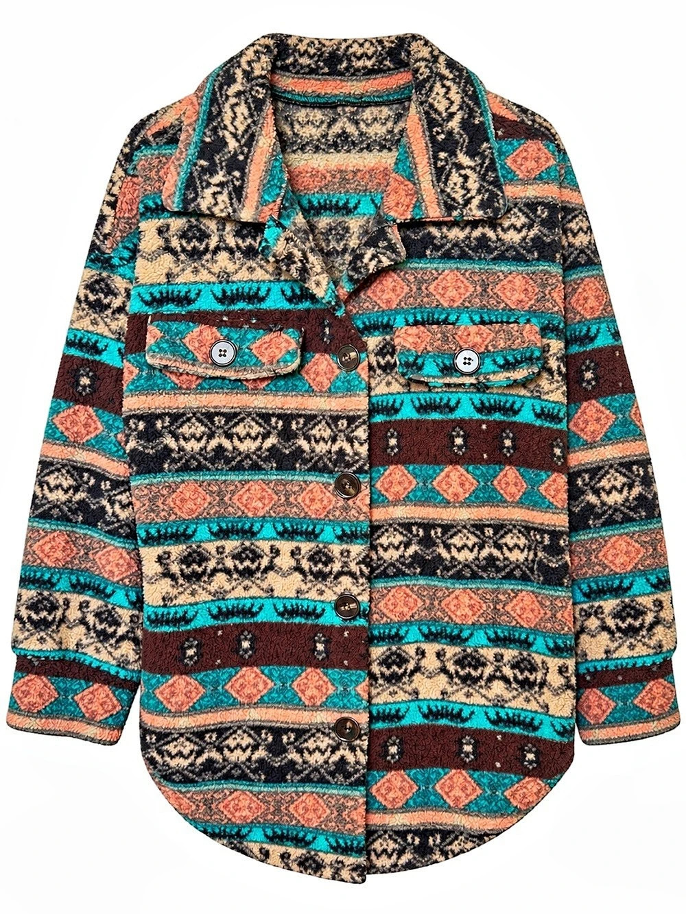 Southwestern Sherpa Fleece Shacket Teal Coral Brown Size S